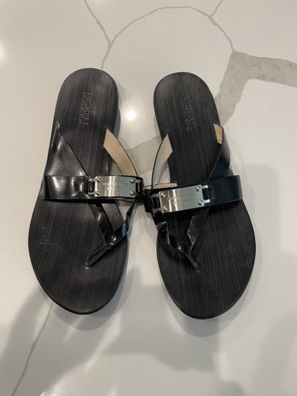 Michael Kors Black Patent Leather Flip Flops, Sandals, or Slides - Size 8